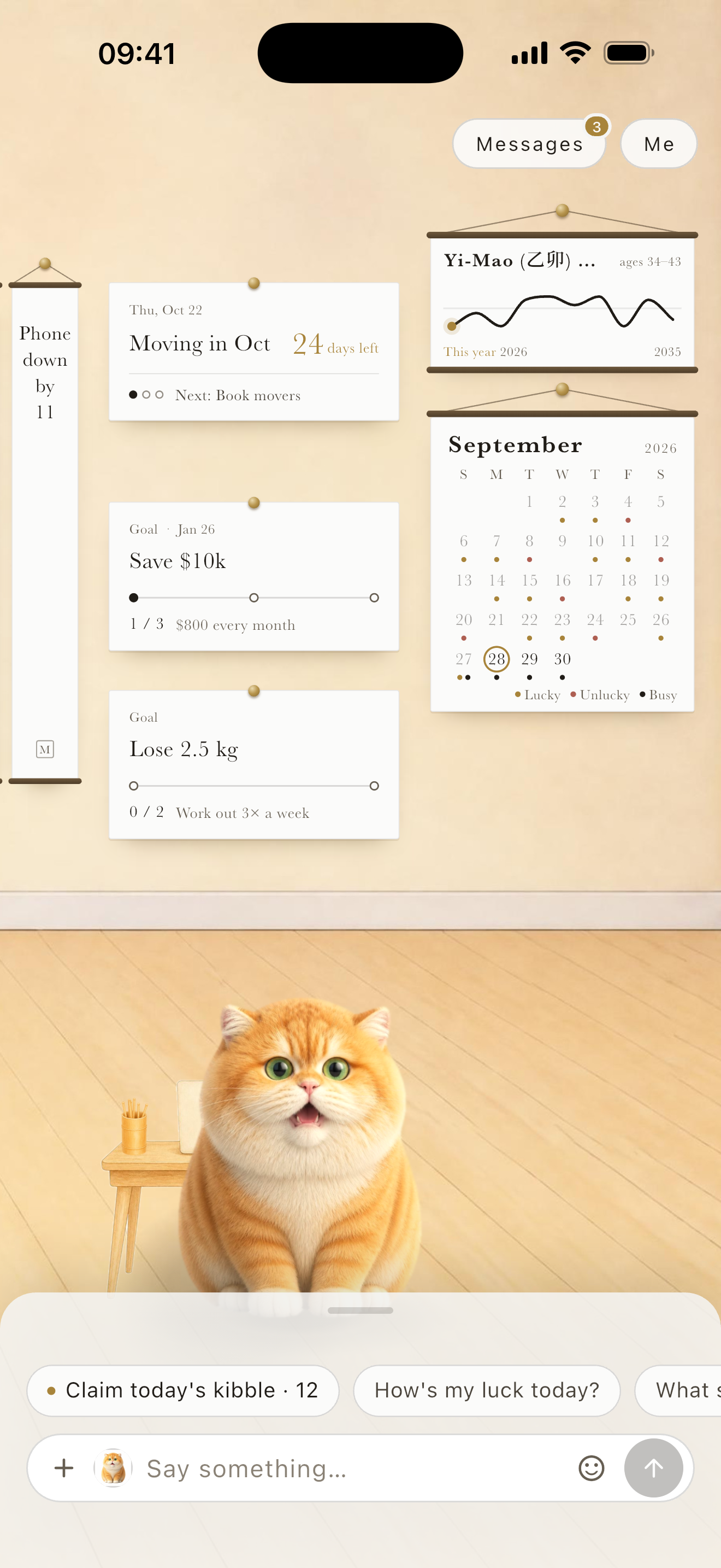 Zaine English app demo: a companion below a wall with sample goals, plans and calendar
