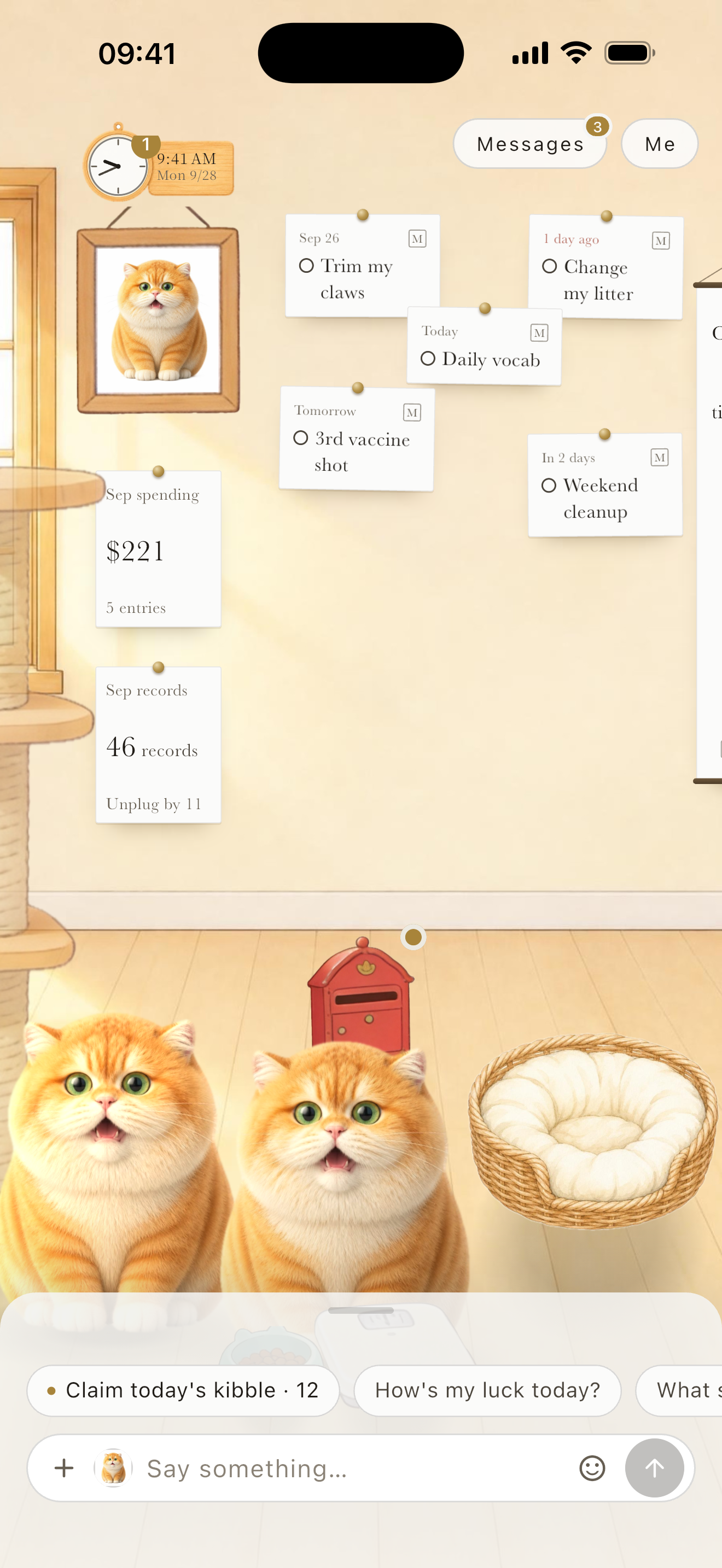 Zaine English app demo: two pet companions in a room with everyday to-dos and sample records
