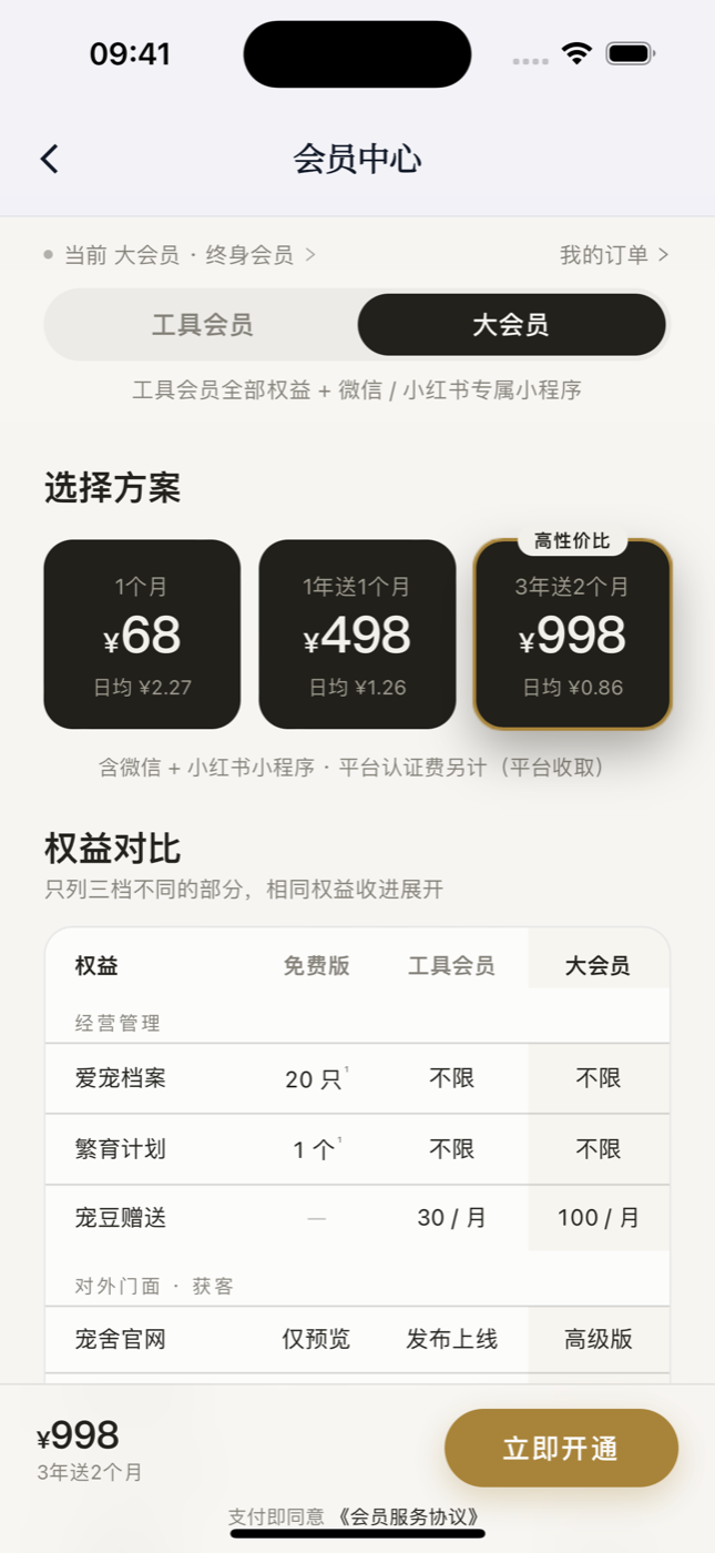 会员中心页面截图:档位切换、方案选择与权益对比表