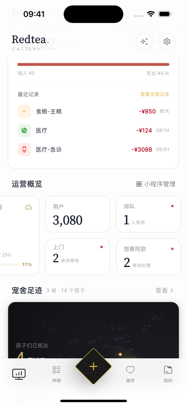 App 首页运营概览卡片截图:用户总数、排队 1 人等待、上门 2 单待审核、想要同款 2 单待处理,均带红点提醒